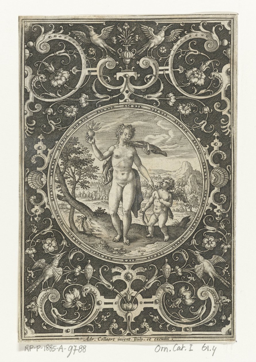 Médaillon avec Vénus et Amour dans un cadre de grotesques avec fleurs, guirlandes, animaux et mascarons (Médaillons avec des figures du Jugement de Paris) - Adriaen Collaert