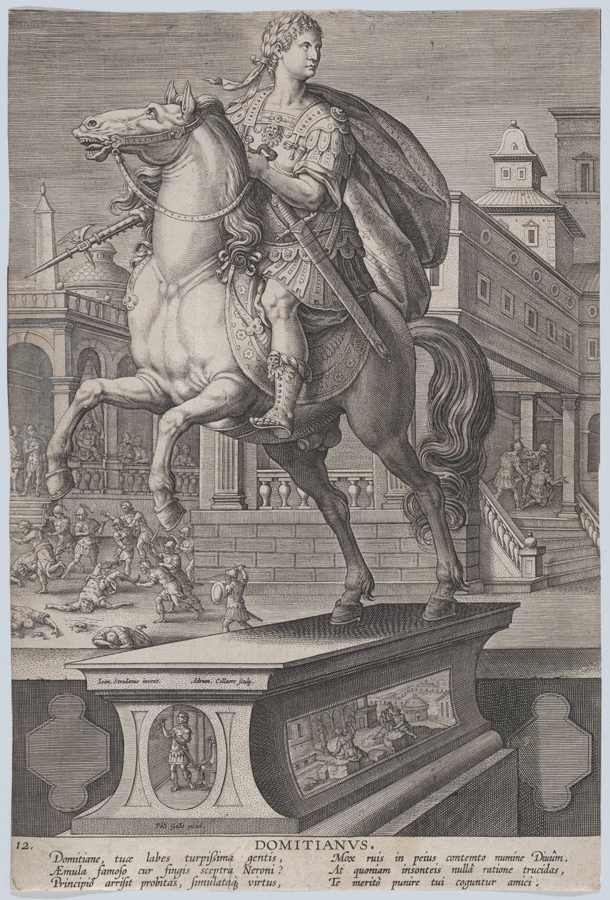 Plaque 12: statue équestre de Domitien, vue aux trois quarts à gauche - Adriaen Collaert