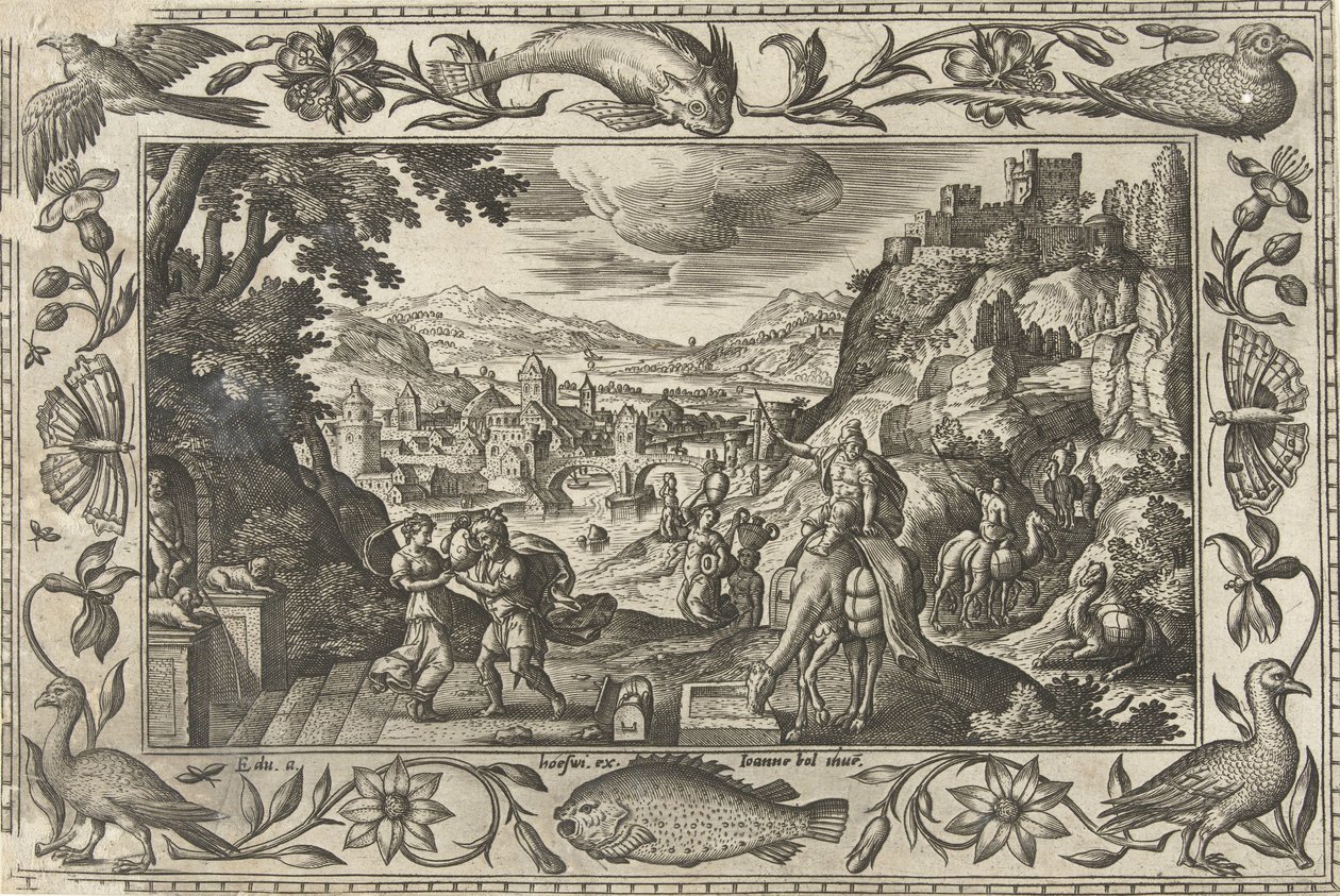 Rébecca et Éliézer au puits (Paysages avec scènes bibliques, mythologiques et de chasse) - Adriaen Collaert