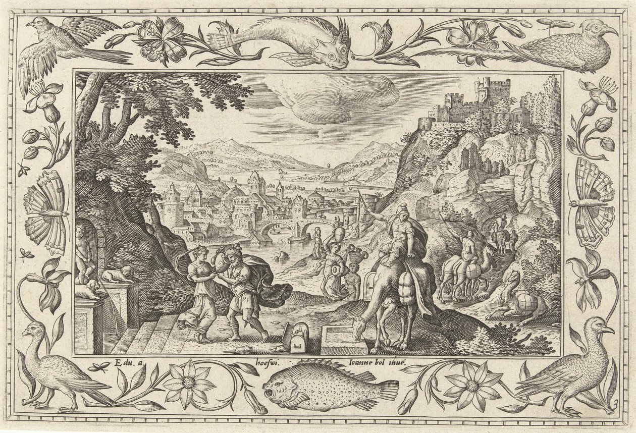 Rébecca et Éliézer au puits (série: Paysages avec scènes bibliques, mythologiques et de chasse) - Adriaen Collaert