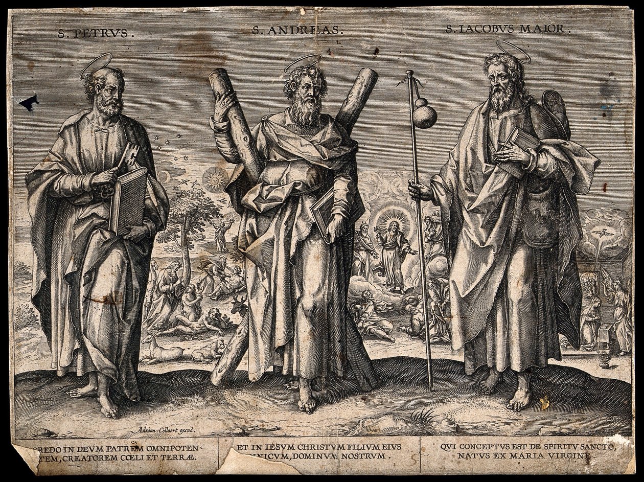 Saint Pierre apôtre, saint André apôtre et saint Jacques le Majeur. Gravure. - Adriaen Collaert