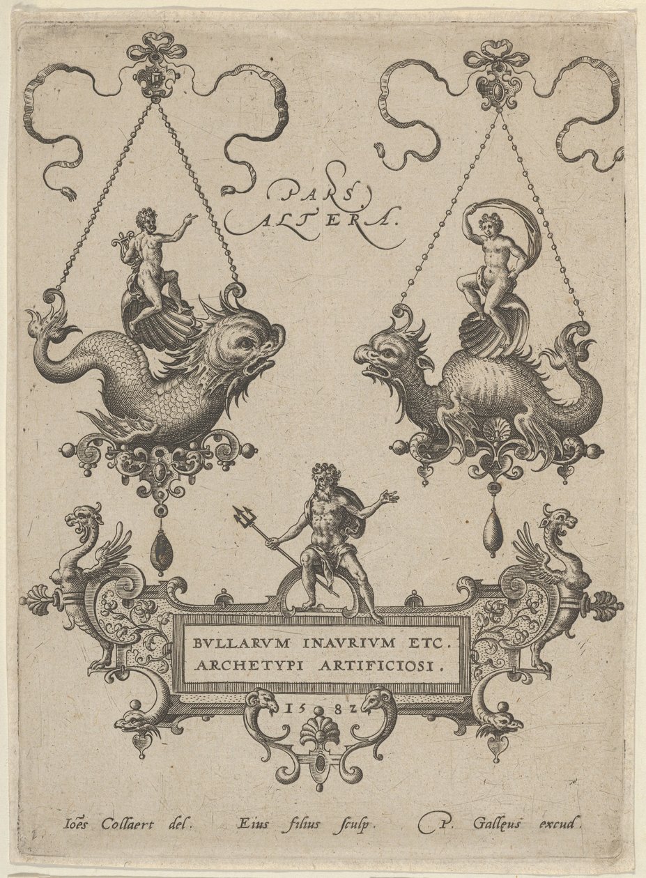 Planche de titre avec deux pendentifs au-dessus et Neptune debout sur un cartouche en dessous, 1582 - Adriaen Collaert