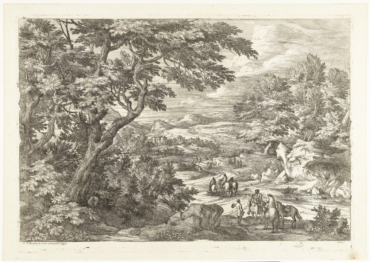 Paysage avec chasseurs rentrant chez eux, un château au loin - Adriaen Frans Boudewyns