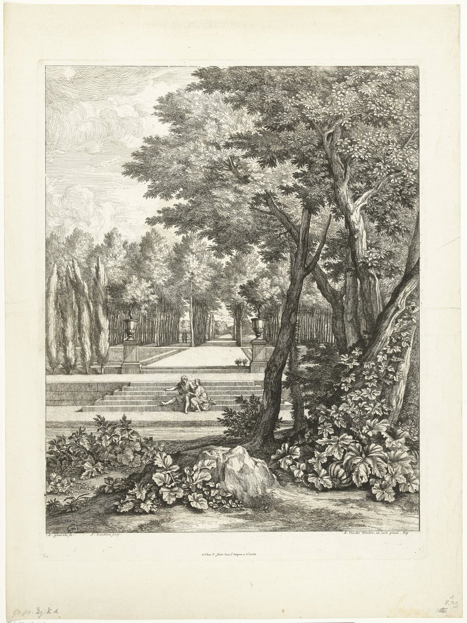 Paysage avec couple assis sur un escalier dans le jardin - Adriaen Frans Boudewyns