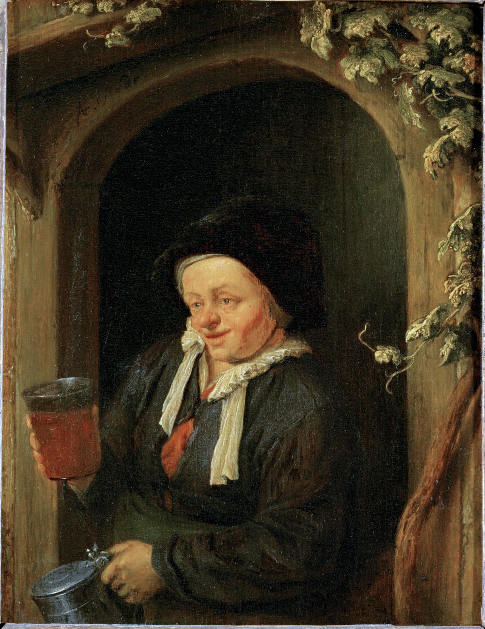 Femme à la fenêtre avec une cruche et un verre de bière (peinture sur bois de chêne) - Adriaen Jansz. van Ostade