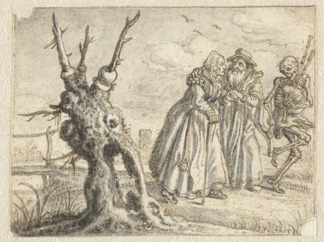 Vieil homme et vieille femme suivant volontairement la mort jouant de la cornemuse - Adriaen Pietersz van de Venne