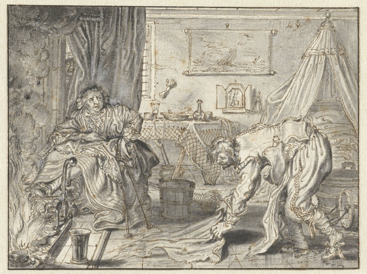 Homme nettoyant le sol pendant que sa femme est assise près de la cheminée - Adriaen Pietersz van de Venne
