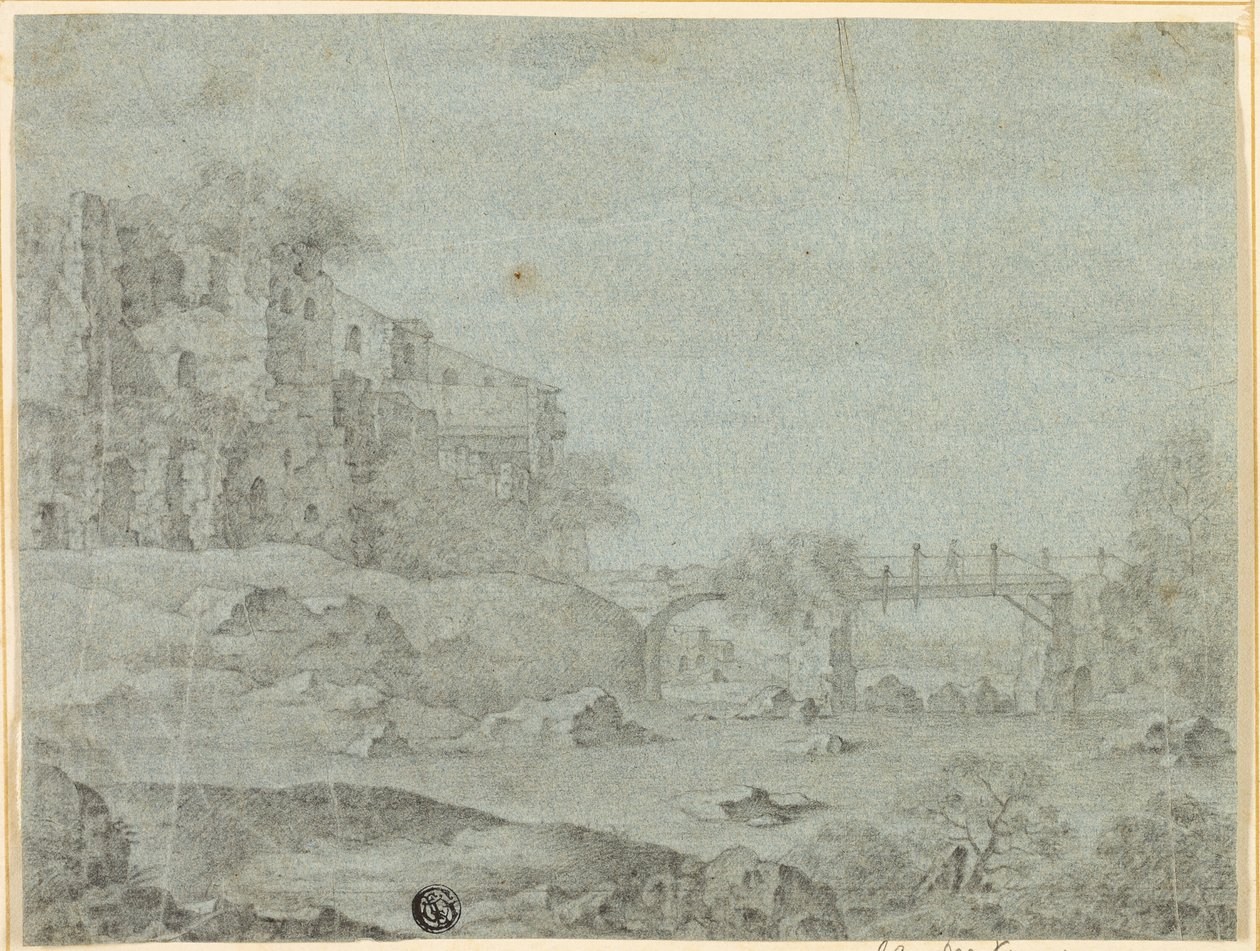 Ruines surplombant la rivière avec pont - Adriaen Pietersz. van de Venne
