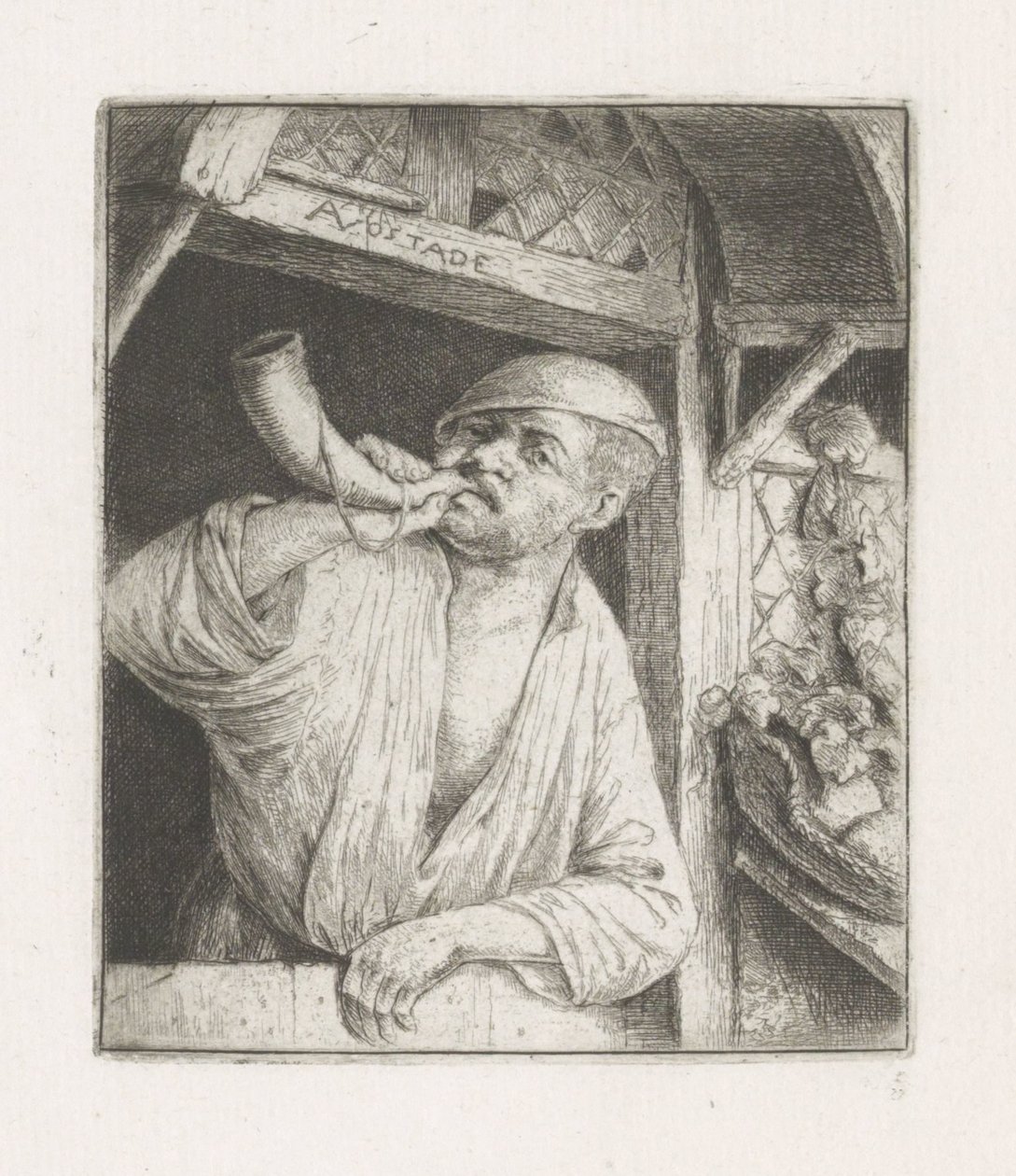 Boulanger soufflant dans une corne à une porte - Adriaen van Ostade