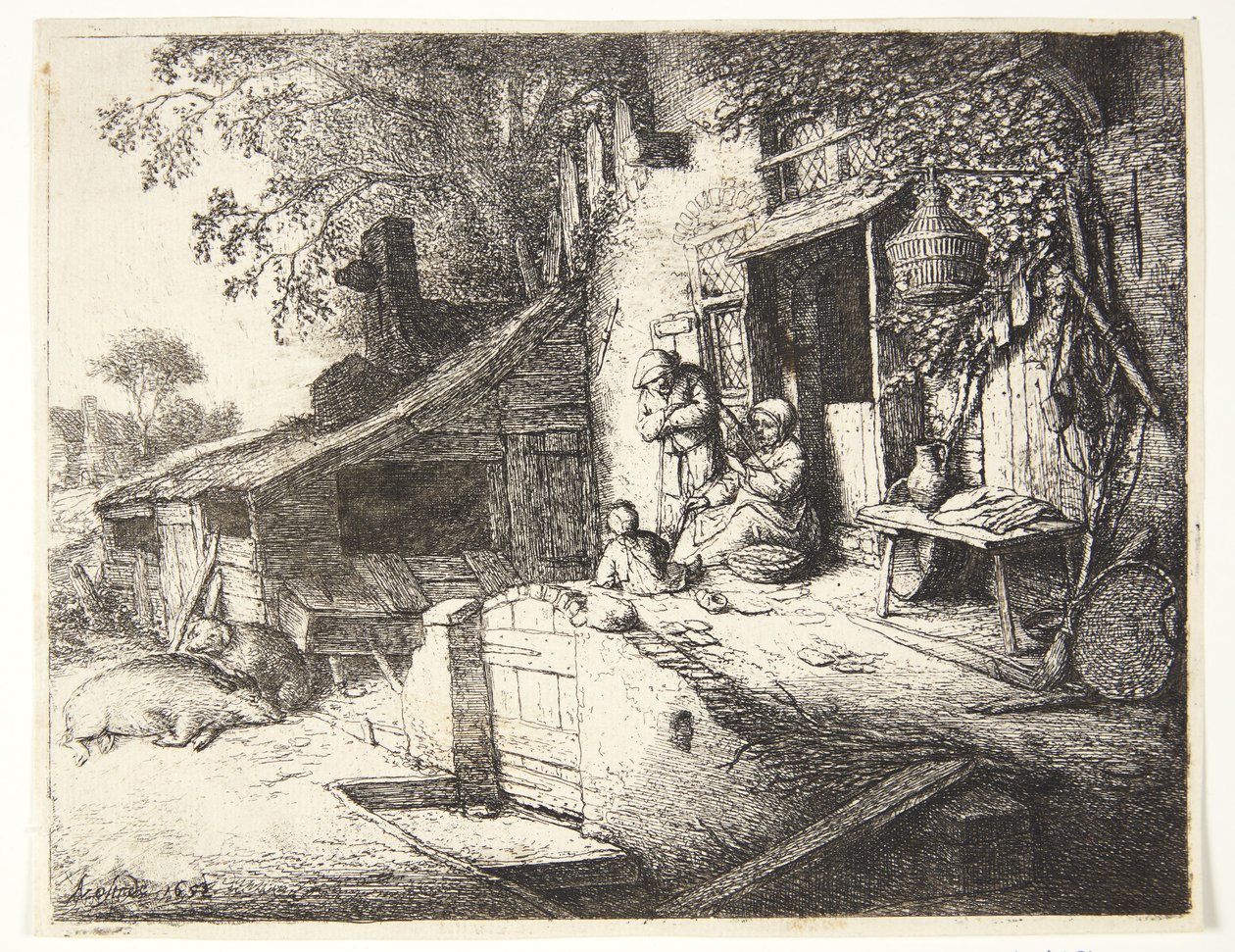 Femme filant devant une maison de paysan - Adriaen van Ostade