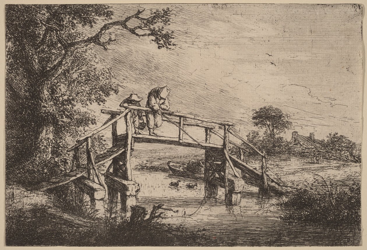 Paysage avec un pont et deux pêcheurs - Adriaen van Ostade