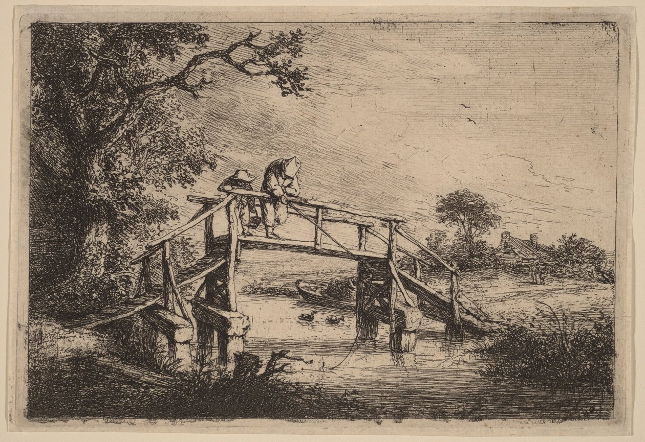 Paysage avec un pont et deux pêcheurs - Adriaen van Ostade