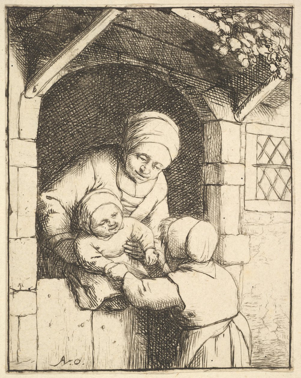 Petite fille jouant avec un bébé dans les bras de sa mère - Adriaen van Ostade