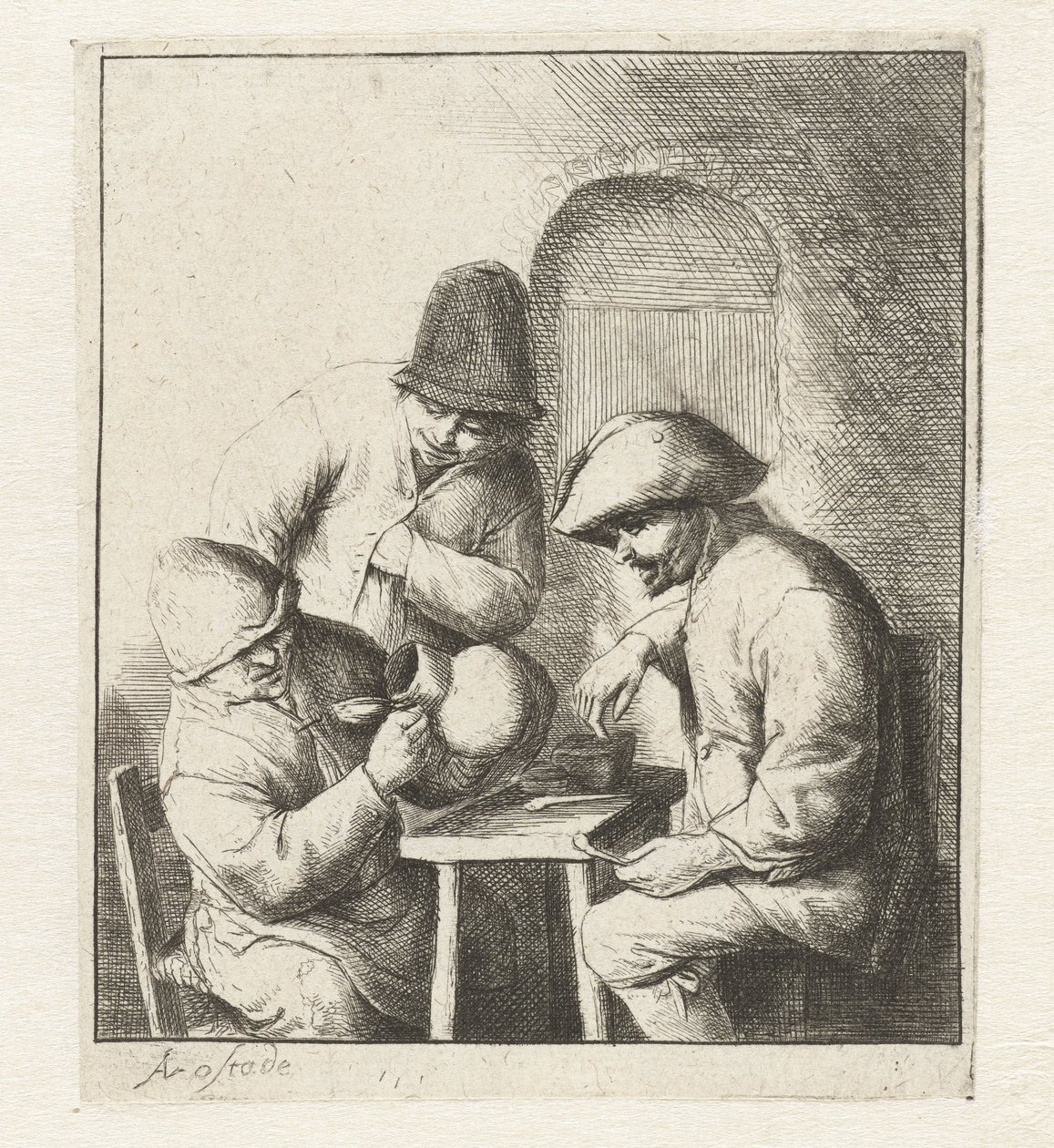 Homme regardant dans une cruche vide, deux hommes regardant (La cruche vide) - Adriaen van Ostade