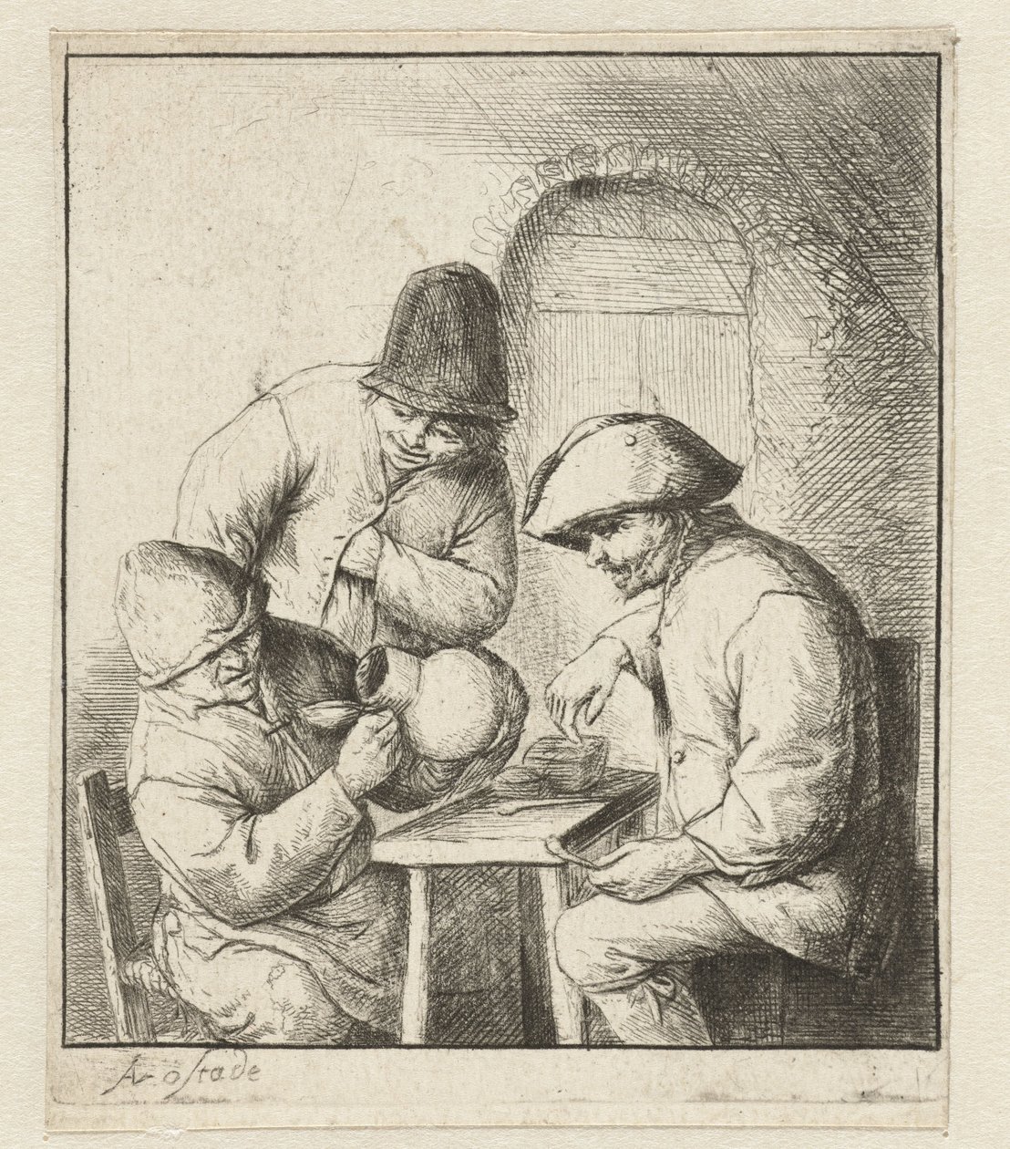 Homme regardant dans une cruche vide, deux hommes regardant - Adriaen van Ostade