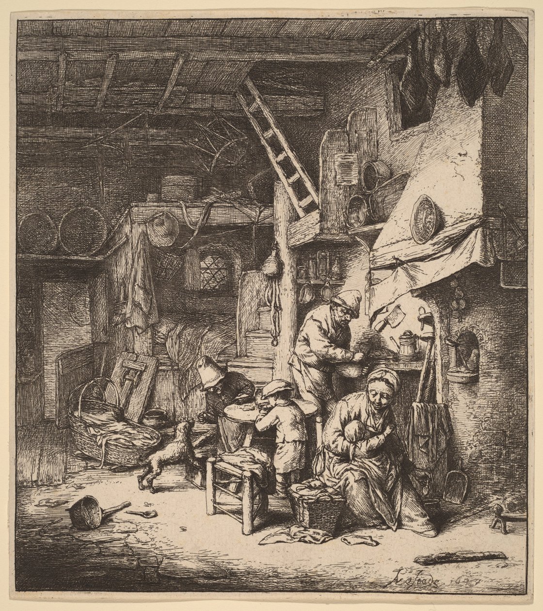 Famille paysanne dans un intérieur, la mère nourrissant un enfant - Adriaen van Ostade