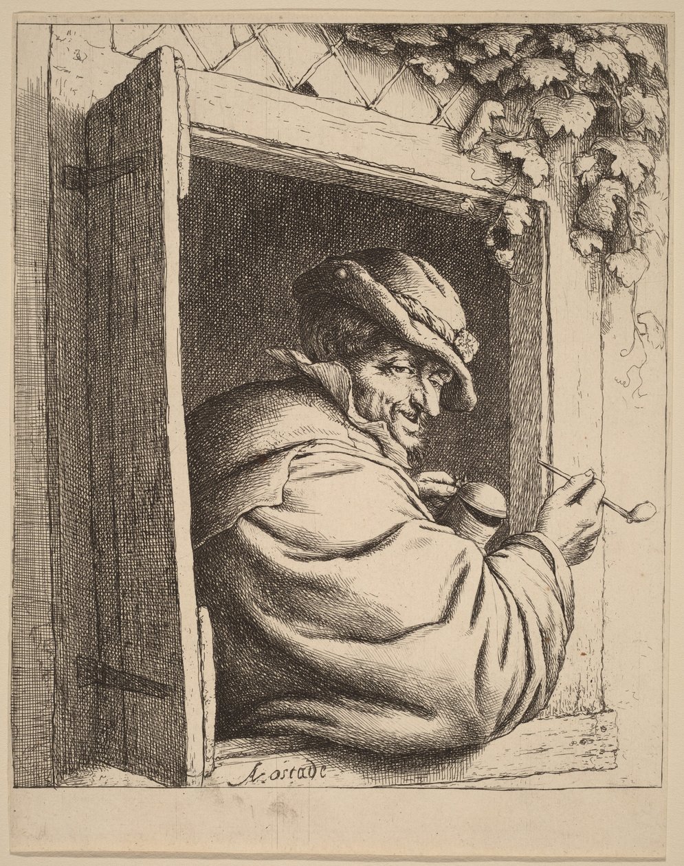 Paysan à la fenêtre, tenant une pipe et une cruche - Adriaen van Ostade