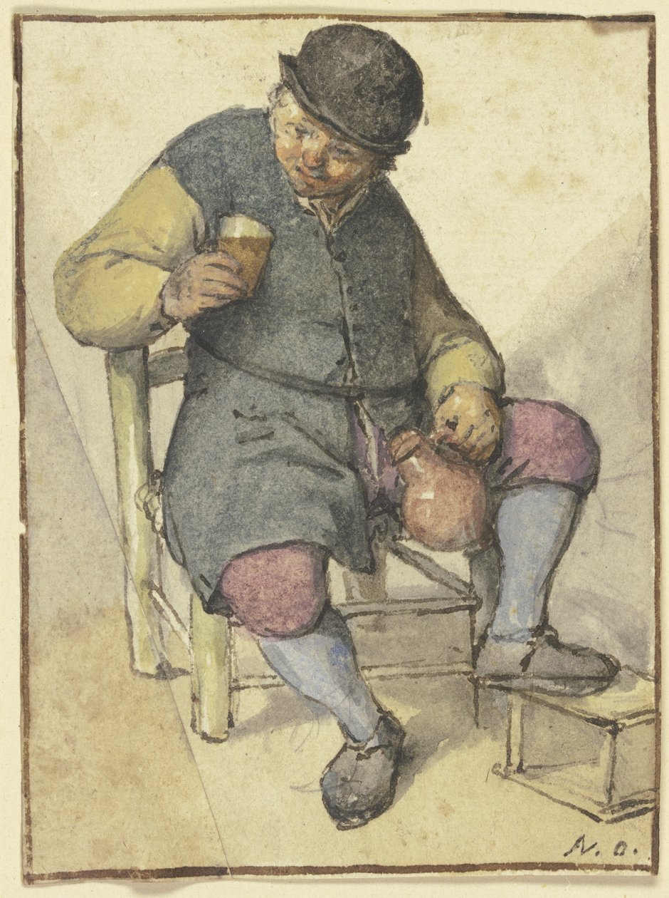 Paysan assis, vu de face, avec une cruche et un verre - Adriaen van Ostade