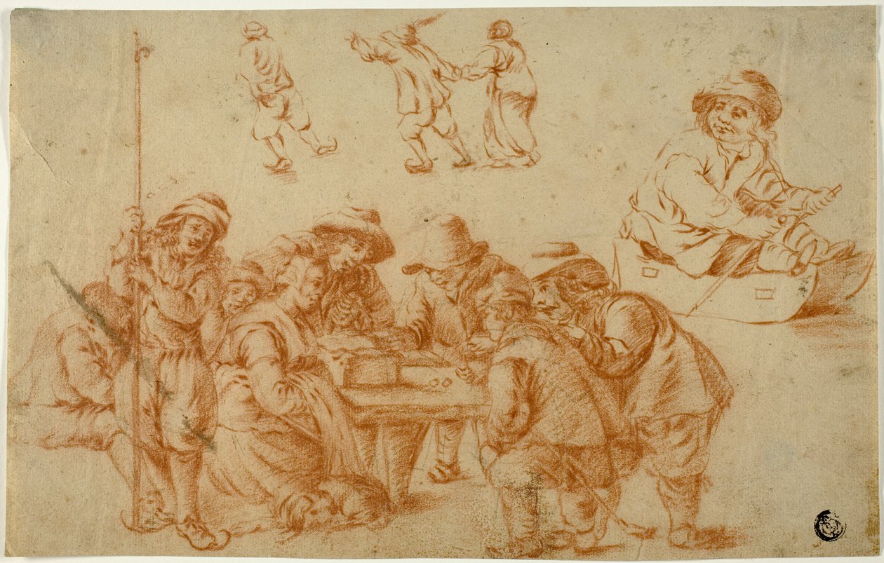 Esquisses de paysans jouant aux dés et patinant; Esquisse de garçon sur une luge - Adriaen van Ostade