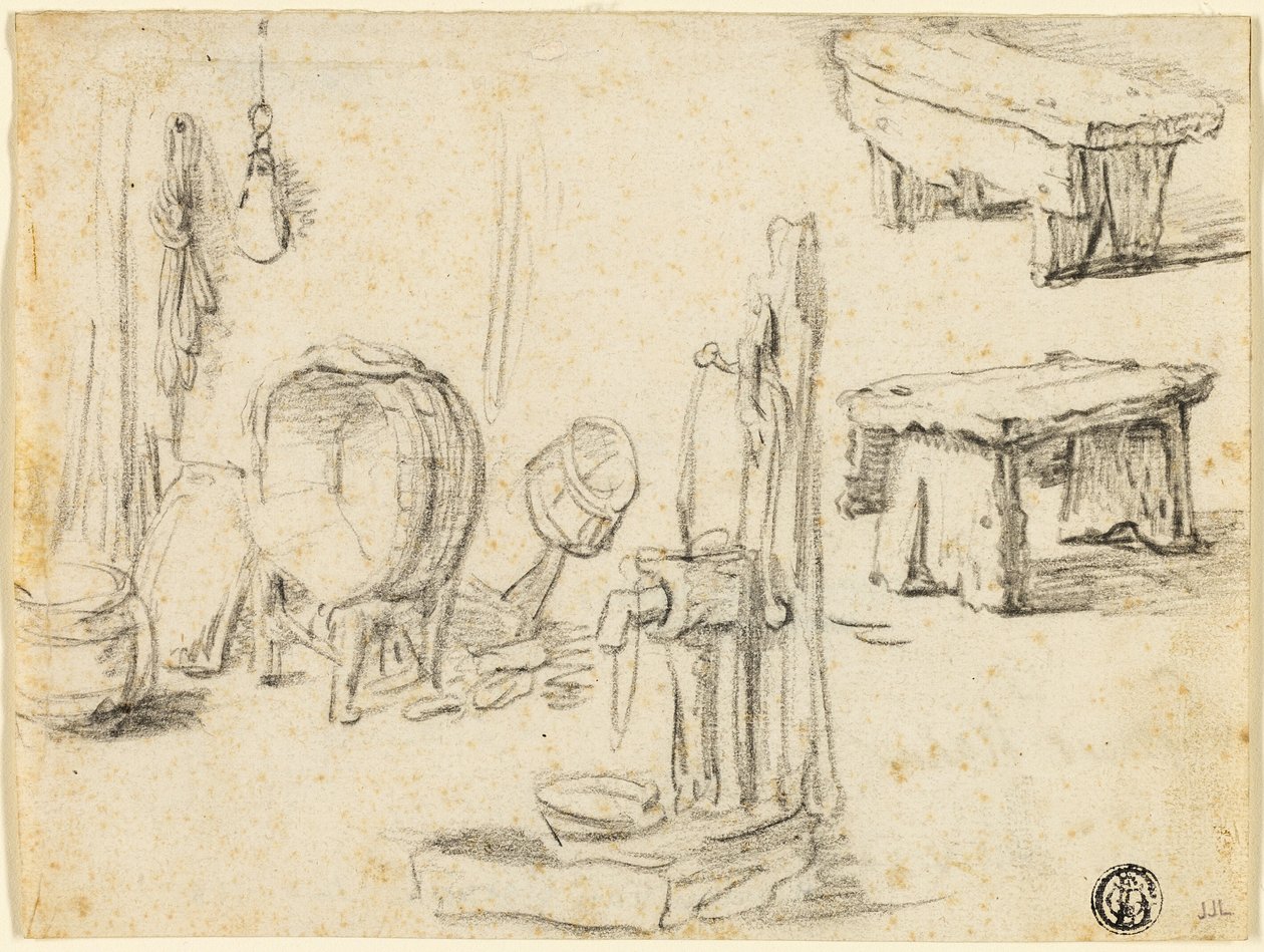 Esquisses de la pompe, du lavoir et des bancs - Adriaen van Ostade