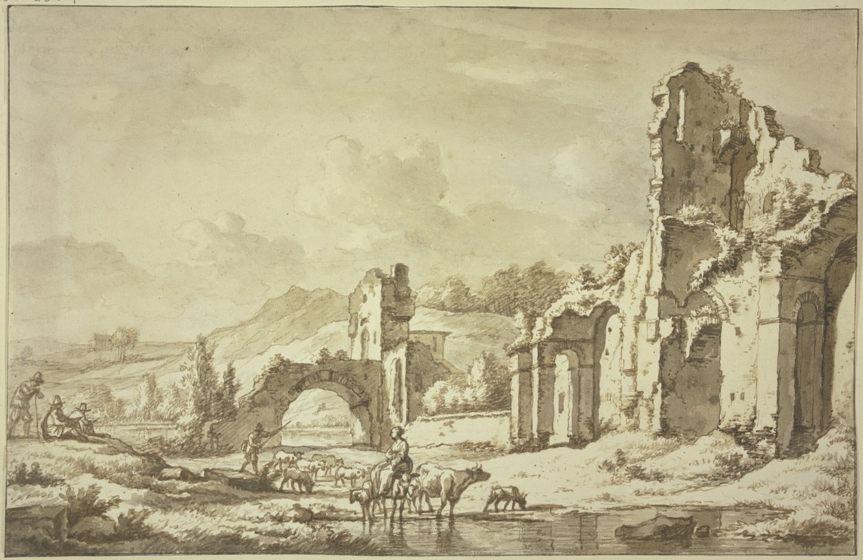 Paysage avec des ruines romaines ; au premier plan, une bergère traverse l