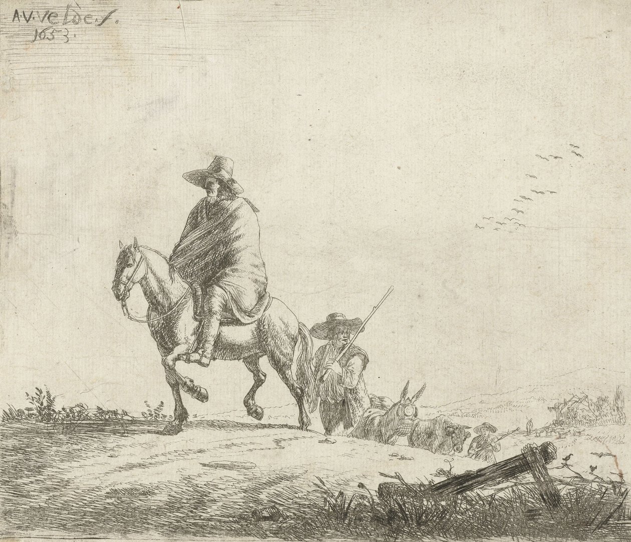 Cavalière et berger avec du bétail sur un chemin de terre, 1653 - Adriaen van de Velde