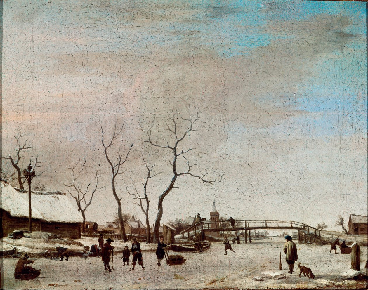 Rivière gelée avec patineurs. Peinture d