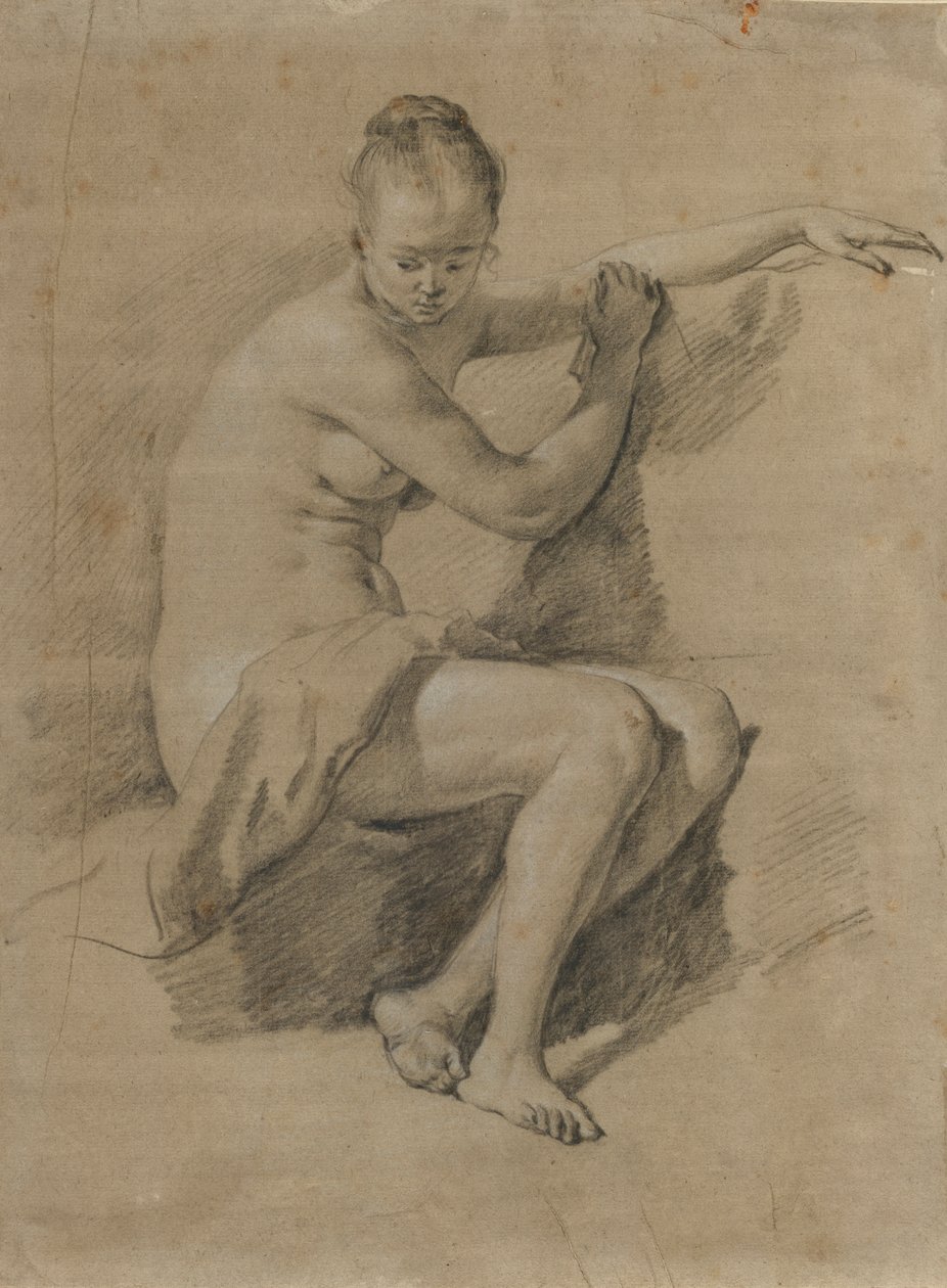Femme nue assise, vers 1660-70 (dessin à la craie noire et blanche) - Adriaen van de Velde