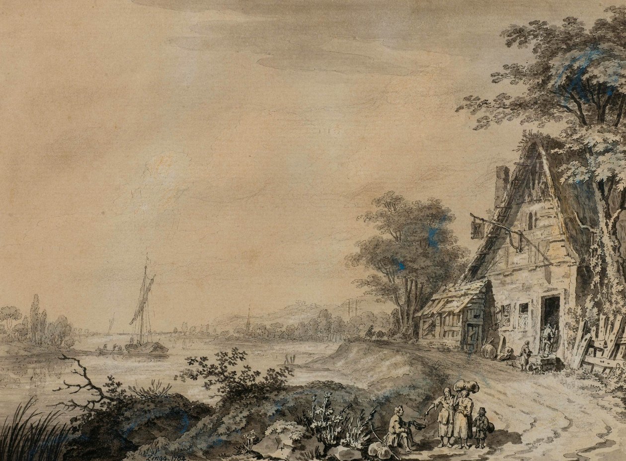 Paysage fluvial avec personnages près d