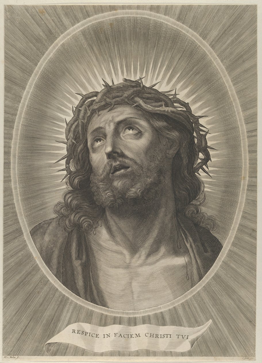 Tête du Christ regardant vers le haut avec couronne d