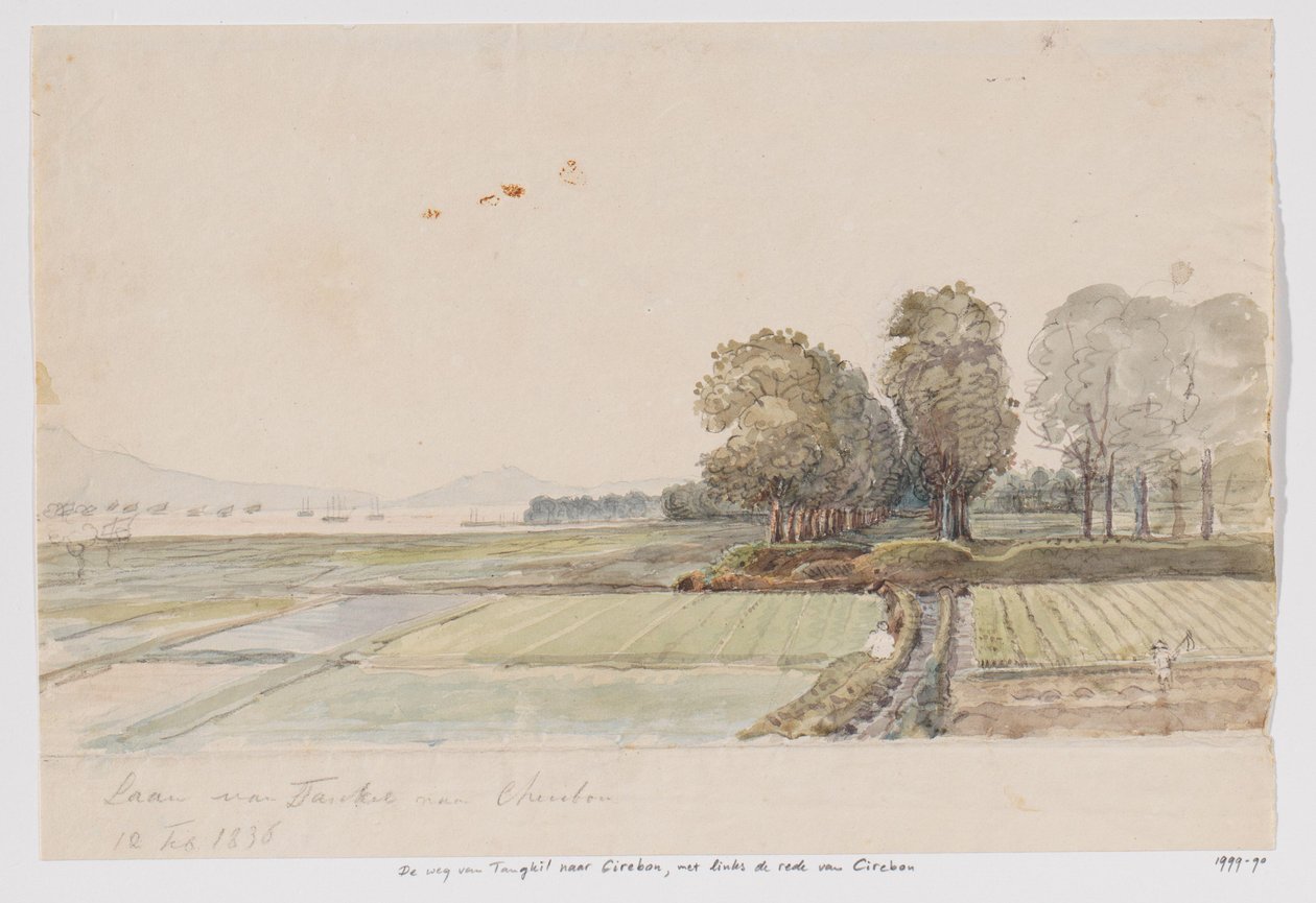 Paysage avec route de Tangkil à Cirebon et vue sur la rade de Cirebon, Java occidental - Adrianus Johannes Bik