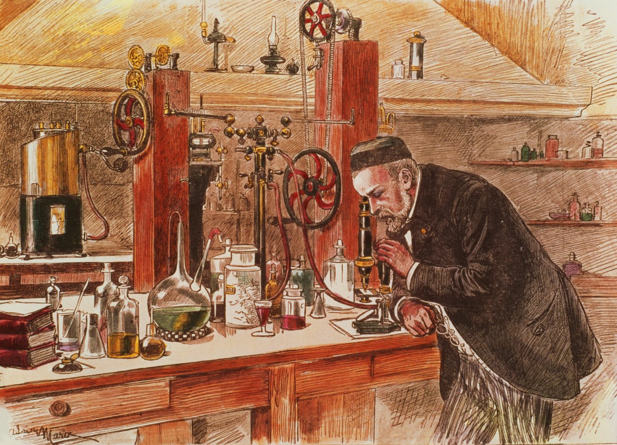 Louis Pasteur expérimentant pour la cure de la rage dans son laboratoire, vers 1885, pub. vers 1895 - Adrien Emmanuel Marie