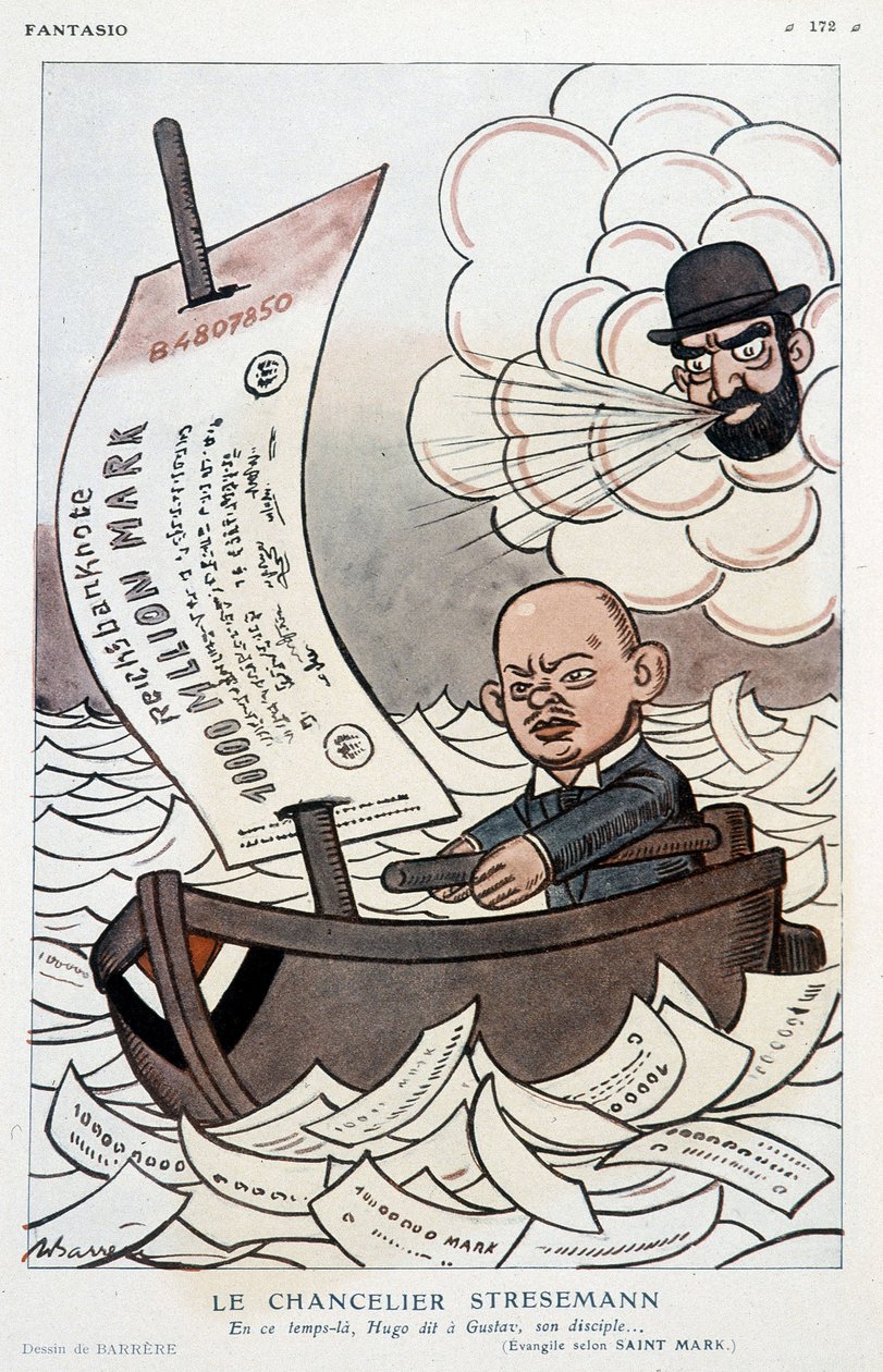 Caricature sur le chancelier allemand Gustav Stresemann (1878-1929) et la dévaluation du mark - Illustration par Adrien Barrère (1877-1931) dans "Fantasio" du 01/11/1923 - Adrien Barrere