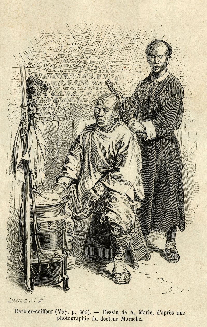 Un barbier en plein travail, un banc et une boîte en bois cylindrique avec compartiments et un bol composent son équipement de voyage. Gravure pour illustrer le voyage à Pékin et en Chine du Nord, par T.Choutze, en 1873, publiée dans "Le tour du monde" - Adrien Emmanuel Marie