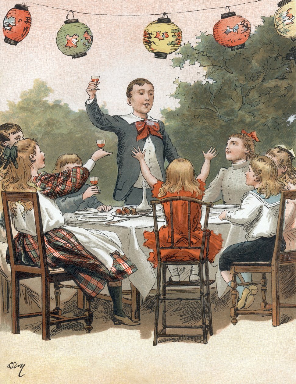 Un jeune garçon fait un discours, des enfants trinquent, illustration par Adrien Marie dans le livre Tout à la joie de Zari, publication Émile Guérin 1890 - Adrien Emmanuel Marie