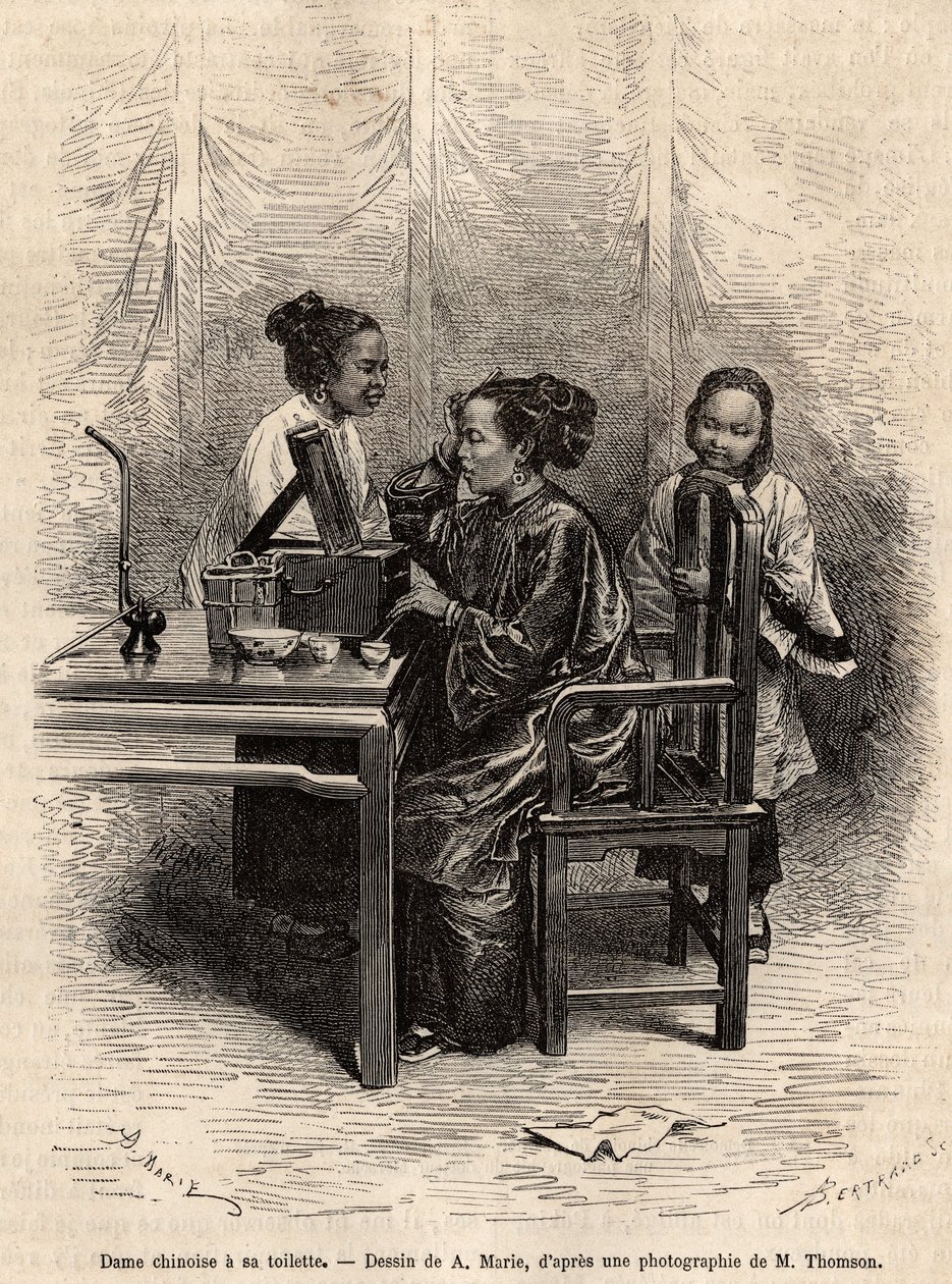 Dame chinoise à sa toilette (illustration du voyage à Pékin et en Chine du Nord, par T. Choutze, 1873, publié dans "Le tour du monde" 1876) - Adrien Emmanuel Marie