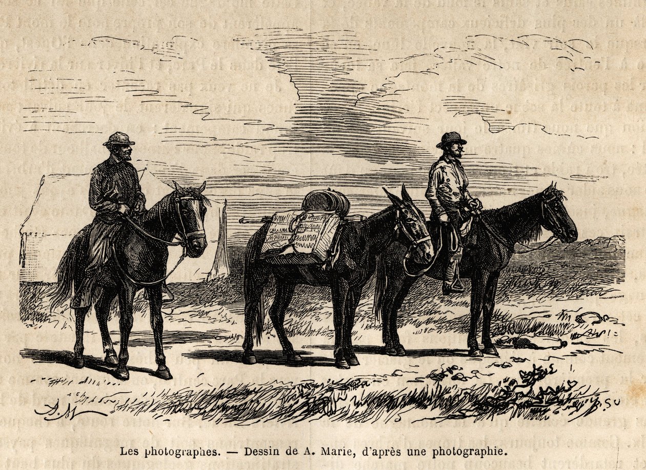 Photographes de la mission géologique américaine, à cheval, matériel soigneusement emballé prêt pour une nouvelle étape, gravure d