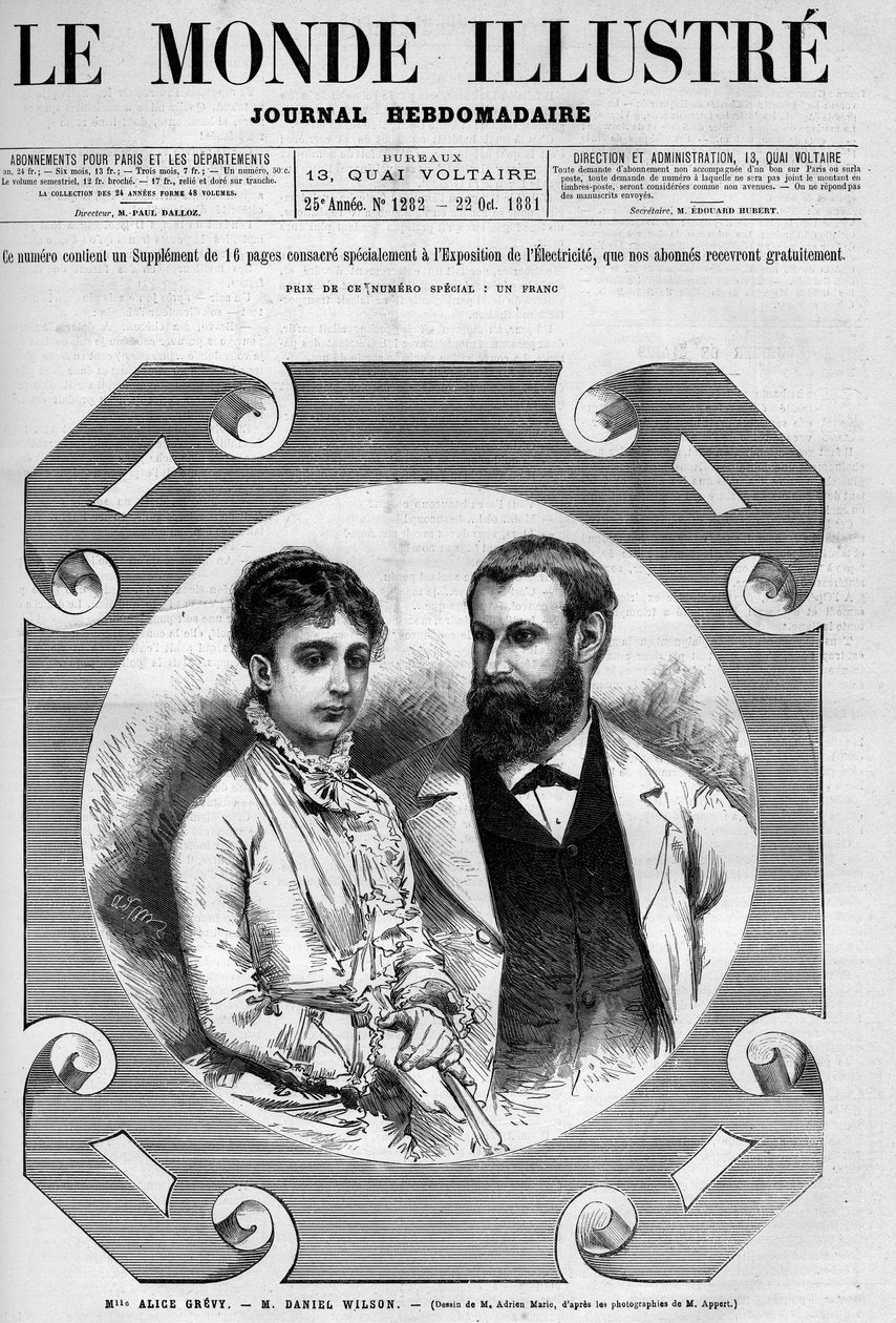 Portrait de Daniel Wilson (1840-1919), homme politique français avec sa femme, Alice Grévy. Gravure d