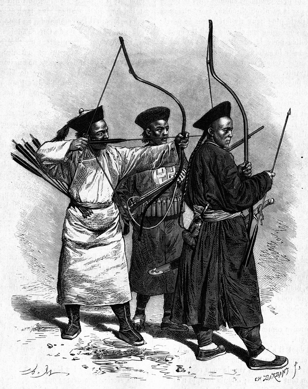 Portraits de trois archers chinois en costume traditionnel, dans les années 1870. Gravure d