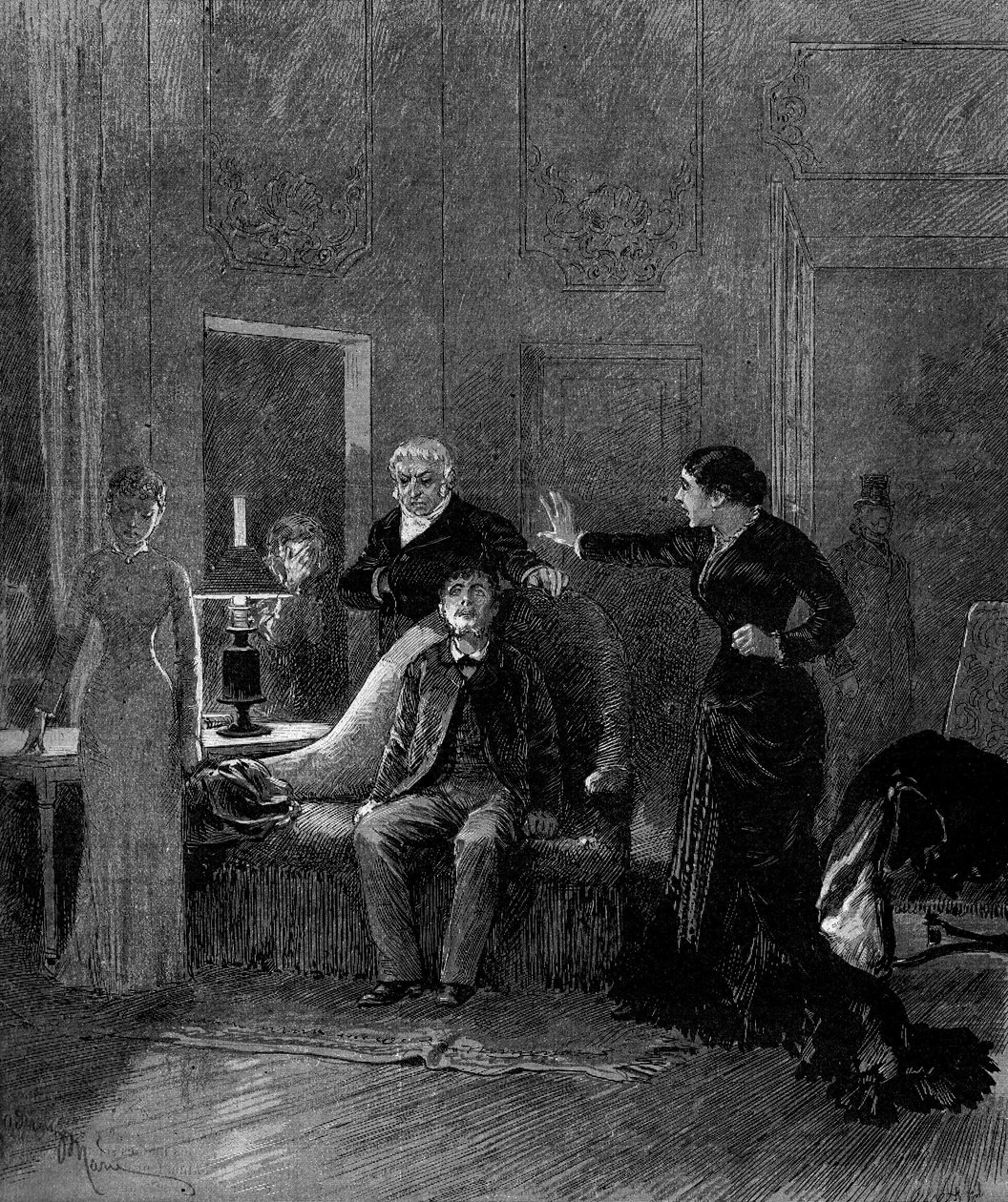 Représentation théâtrale : 5ème acte de « Jack » par Alphonse Daudet (1840-1897) et H. Lafontaine avec Mlle Sisos (Cécile), M. Porel (Dr. Rivals), M. Chelles (Jack), Mlle Montaland (Ida de Barancy). Paris, théâtre de l