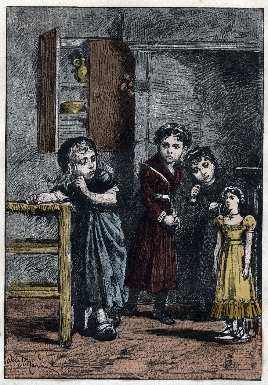 Les deux filles de Thénardier, Éponine et Azelma, regardent Cosette qui a reçu la poupée Catherine - Illustration d
