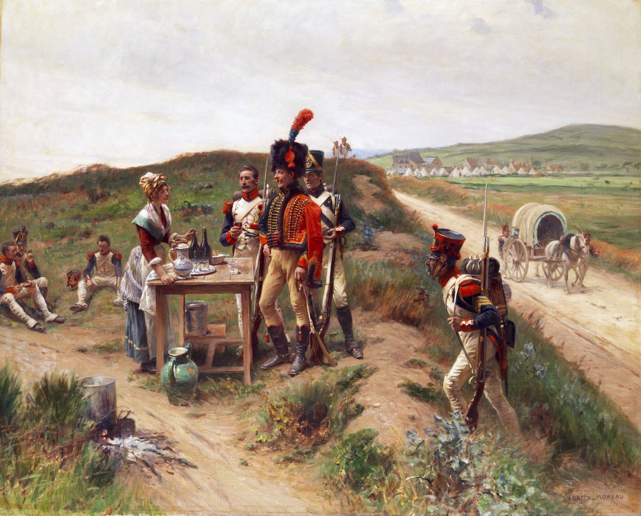 Soldats chez une jeune marchande au repos - Adrien Moreau