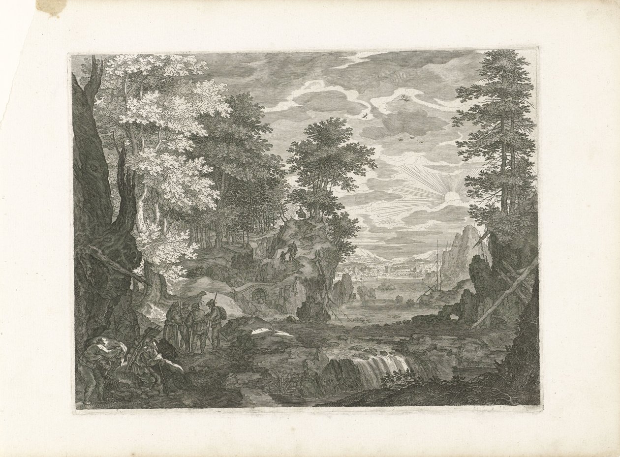 Cascade avec une ville en arrière-plan - Aegidius Sadeler (II) (attributed to)