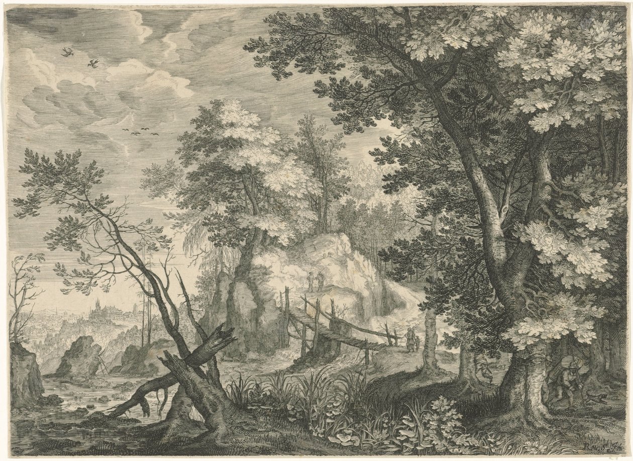 Paysage forestier avec pont en bois (Berglandschappen uit Tirol) - Egidius  Sadeler (II)