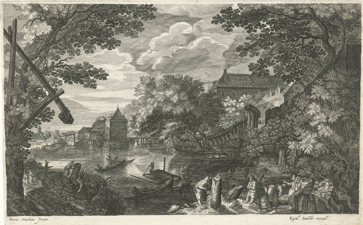 Paysage fluvial avec pêcheurs et ouvriers - Egidius  Sadeler (II)