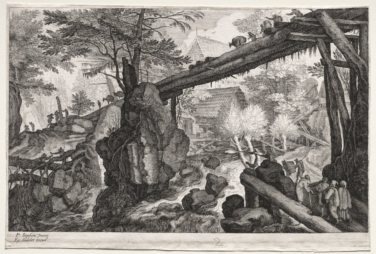 Huit paysages bohèmes : Paysage avec pont de rondins sur une cataracte - Aegidius Sadeler