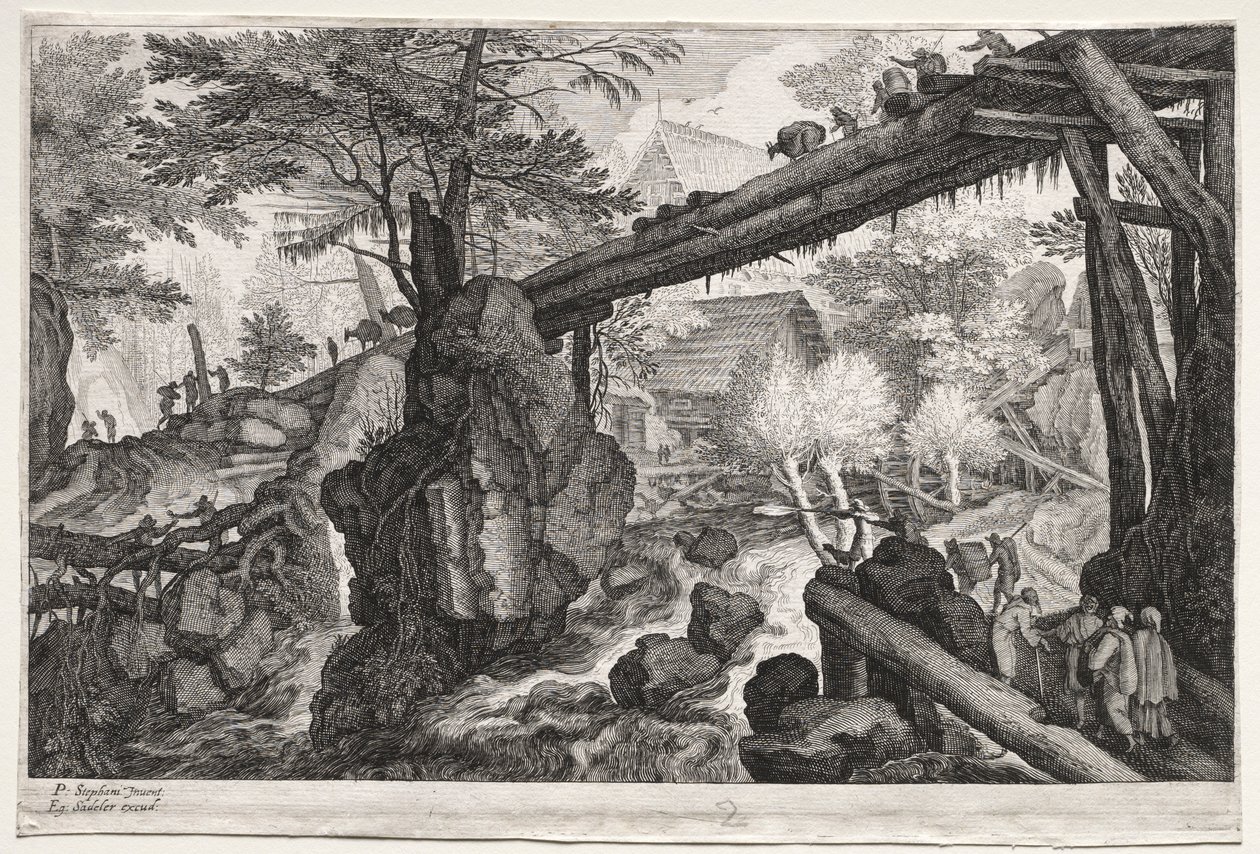Huit paysages bohèmes : Paysage avec pont de rondins sur cataracte, vers 1610-1615 - Aegidius Sadeler or Saedeler