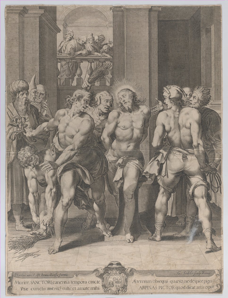 La flagellation du Christ, avec des flagelleurs de chaque côté et des figures regardant d