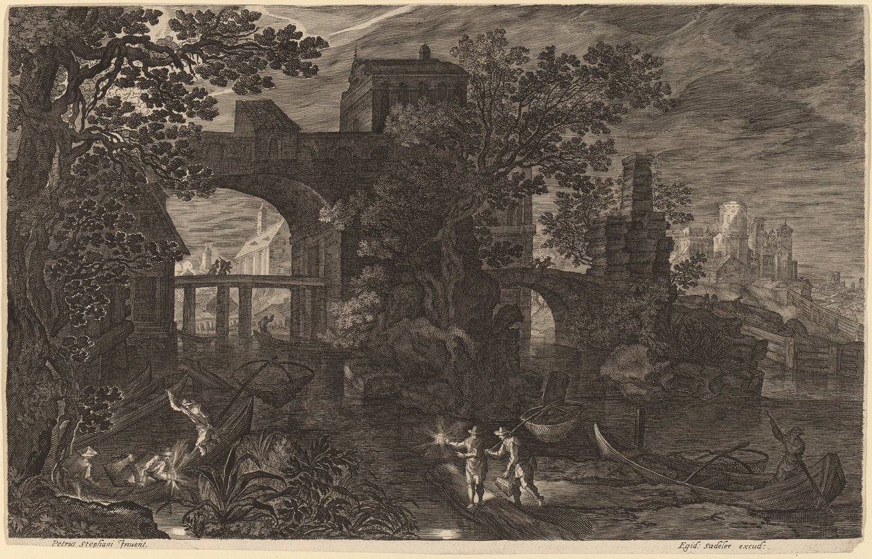 Paysage nocturne avec des pêcheurs de rivière hors des murs de la ville - Aegidius Sadeler II after Pieter Stevens