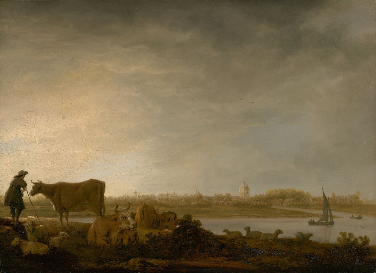 Vue de Vianen avec un berger et du bétail près d
